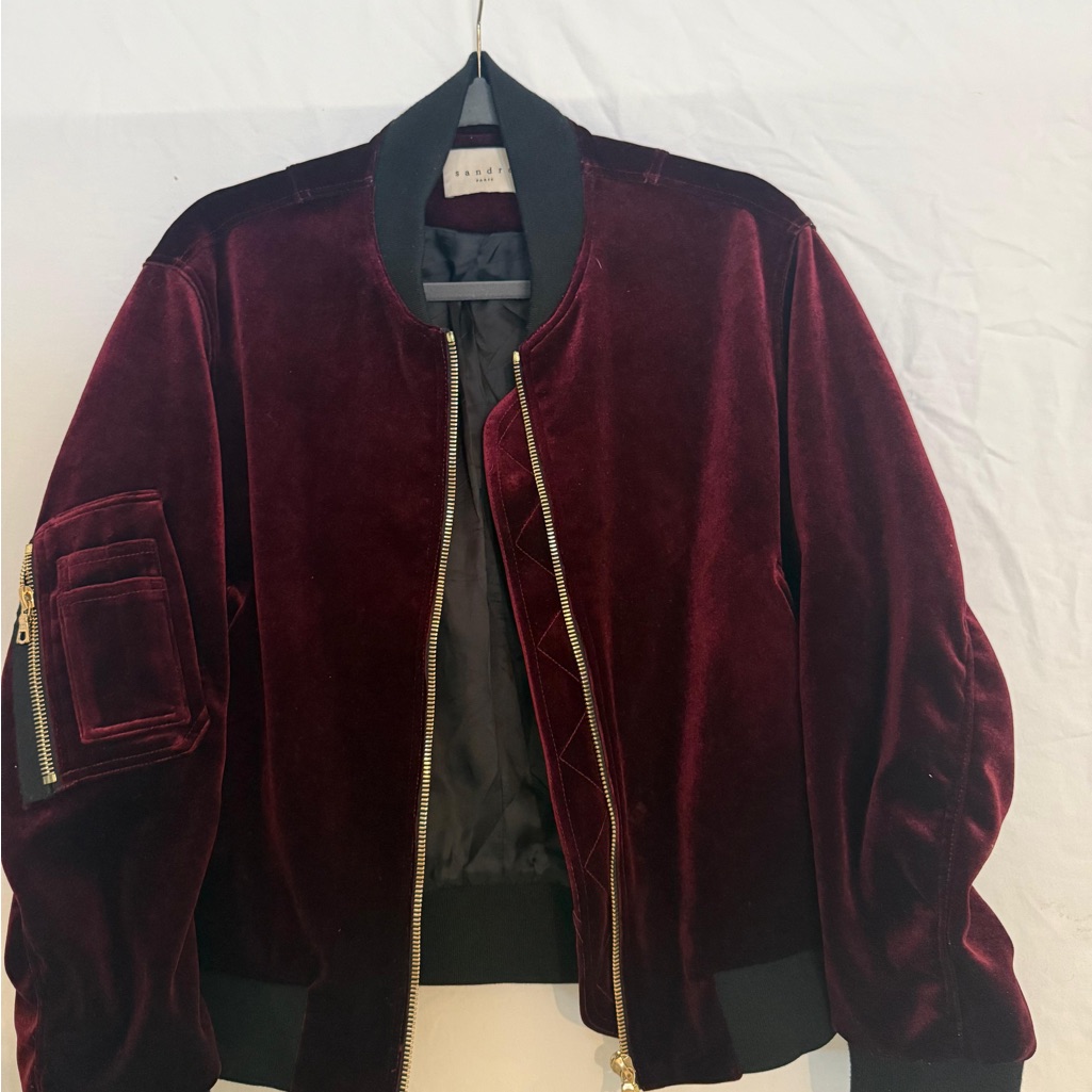 Sandro Women's Burgundy Velvet Bomber Jacket